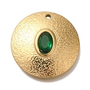 Ion Plating(IP) 304 Stainless Steel Emerald Rhinestone Pendants, Flat Round, Real 18K Gold Plated, 19.5x4mm, Hole: 1.4mm(STAS-P371-059G)