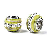 Handmade Lampwork European Beads, with Polymer Clay Rhinestone, Large Hole Rondelle Beads, with Platinum Tone Brass Double Cores, Rondelle, Yellow, 14x11mm, Hole: 4.5mm(LPDL-N001-045F)