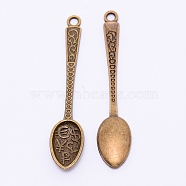 Tibetan Style Alloy Pendants, Cadmium Free & Lead Free, Spoon with Coin Symbol, Antique Bronze, 57x11.5x3mm, Hole: 2.5mm(TIBEP-TAC0001-12AB)
