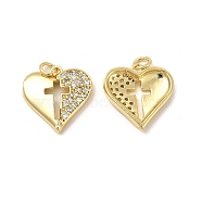 Brass Micro Pave Cubic Zirconia Pendants, with Jump Ring, Heart with Religion Cross Charm, Golden, 16.5x16.5x3.5mm, Hole: 3.3mm(KK-E068-VB170)