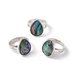 Natural Paua Shell Adjustable Rings, Brass Jewelry for Women, Platinum, Cadmium Free & Lead Free, Teardrop Pattern, Ring Surface: 20x15mm, US Size 7 3/4(17.9mm)(RJEW-G260-01P-01)