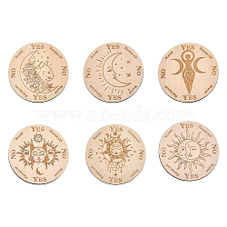 6Pcs 6 Style Wooden Carved Cup Mats, Heat Resistant Pot Mats, Tarot Theme Mini Pendulum Board, for Home Kitchen, Flat Round with Sun/Triple Moon Goddess/Moon Pattern, BurlyWood, 100x3mm, 1pc/style(AJEW-FG0002-68)
