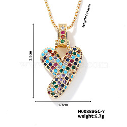 Brass Pave Colorful Cubic Zirconia Letter Pendant Box Chain Necklaces, Golden, Letter Y, 15.75 inch(40cm)(NU0575-25)