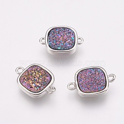 Natural Druzy Agate Links connectors, with Brass Findings, Square, Platinum, Purple Plated, 16x11x3.5~4mm, Hole: 1mm(KK-G343-08P-04)