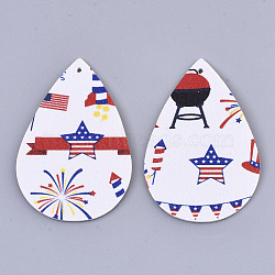 Independence Day Theme, PU Leather Big Pendants, Double Sided, teardrop, with Star Pattern, White, 56x37x1.5mm, Hole: 1.8mm(X-FIND-R074-03B)