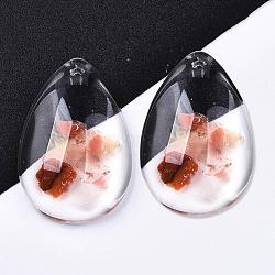 Transparent Glass Pendants, with Natural Carnelian Chip Beads inside and Epoxy Resin Bottom, Teardrop, 30x20x8mm, Hole: 1.5mm(X-GGLA-S036-04C)