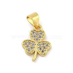 Rack Plating Brass Pave Cubic Zirconia Charms, Cadmium Free & Lead Free, Long-Lasting Plated, Clover, Real 18K Gold Plated, 14.5x11x2mm, Hole: 3.5x5mm(KK-G513-12G)