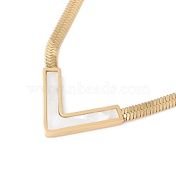Synthetic Shell Initial Letter V Pendant Necklace, Gold Plated 304 Stainless Steel Jewelry for Women, White, 15.91 inch(40.4cm)(NJEW-G074-58G-02)