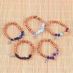 Natural Chip Gemstone Beaded Charm Bracelets, with Round Wood Beads and Tibetan Style Alloy Om Symbol Pendants, 45mm(BJEW-JB02302)