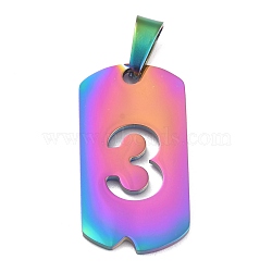 Ion Plating(IP) 304 Stainless Steel Pendants, Manual Polishing, Rectangle with Number, Rainbow Color, Num.3, 27.5x14.5x1.5mm, Hole: 3.5mm(STAS-O127-A03)