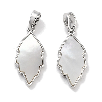 Brass Pave Natural Shell Pendants, Leaf Charms, Platinum, 20x9x2mm, Hole: 4x2.5mm