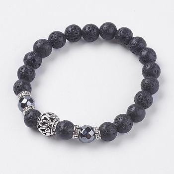 Natural Lava Rock Beads Stretch Bracelets, with Synthetic Hematite and Alloy Finding, Antique Silver, 2 inch(50.5mm)