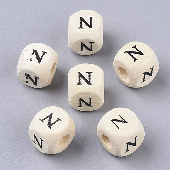 Printed Natural Wood Beads, Horizontal Hole, Cube with Initial Letter, PapayaWhip, Letter.N, 10x10x10mm, Hole: 3.5mm, about 1000pcs/500g