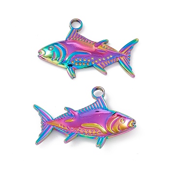 Ion Plating(IP) 304 Stainless Steel Pendants, Fish Charms, Rainbow Color, 19x29x3mm, Hole: 3mm