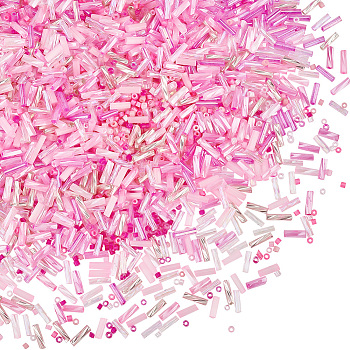 1500Pcs 5 Colors 12/0 Round Glass Seed Beads, Opaque Colors Lustered, with 2000Pcs 10 Style Round & Twist Bugle Beads, Pink, 2~7x2mm, Hole: 0.8~1mm, 3500Pcs/box