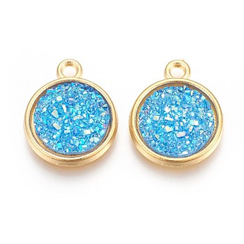 Resin Pendants, with Golden Tone Alloy Findings, Flat Round, Deep Sky Blue, 18x15x3.5~4mm, Hole: 1.8mm