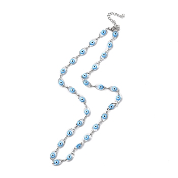 Evil Eye Plastic Link Chain Necklace, 304 Stainless Steel Jewelry for Women, Deep Sky Blue, 17-1/2~17-5/8 inch(44.4~44.7cm)