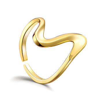SHEGRACE Adjustable 925 Sterling Silver Cuff Rings, Open Rings, Wave, Real 18K Gold Plated, US Size 6(16.5mm)
