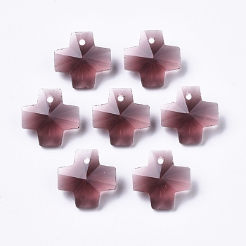 Transparent Glass Charms, Faceted, Cross, Old Rose, 14x14x7mm, Hole: 1mm
