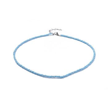 Glass Seed Beaded Necklaces, with Brass Crimp Beads and 304 Stainless Steel Lobster Claw Clasps, Deep Sky Blue, 18.3 inch(46.5cm)