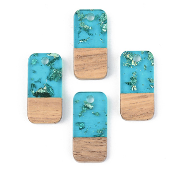 Transparent Resin & Walnut Wood Pendants, with Gold Foil, Rectangle, Dark Turquoise, 21.5x10x3mm, Hole: 2mm