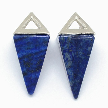 Natural Lapis Lazuli Pendants, with Alloy Findings, Triangle, Dyed, Platinum, 34x14x14.5mm, Hole: 4x6mm