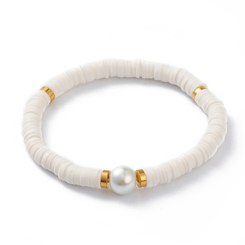 Handmade Polymer Clay Heishi Beads Stretch Bracelets, with Brass Spacer Beads and Round Glass Pearl Beads, White, Inner Diameter: 2-1/8 inch(5.5cm)