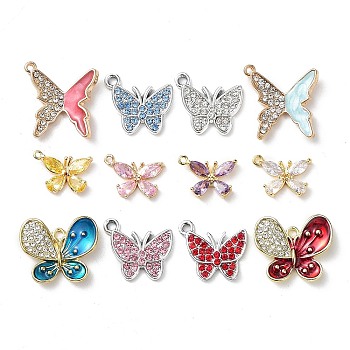12Pcs 12 Style Butterfly Pendant Kit for DIY Jewelry Making, Including Brass Micro Pave Cubic Zirconia & Alloy Resin Rhinestone & Alloy Enamel Pendants, Platinum & Golden, Mixed Color, 10.5~19x14~19x3mm, Hole: 1.2~2.5mm, 1pc/style
