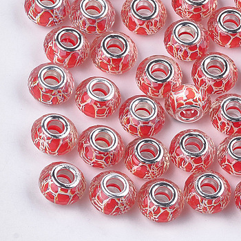 Resin European Beads, Large Hole Beads, with Silver Color Plated Brass Cores, Faceted, Rondelle, Red, 14x8~8.5mm, Hole: 4.5~5mm