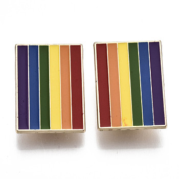 Alloy Brooches, Enamel Pin, with Brass Butterfly Clutches, Rainbow Rectangle, Light Gold, Colorful, 32x23x2mm, Pin: 1mm