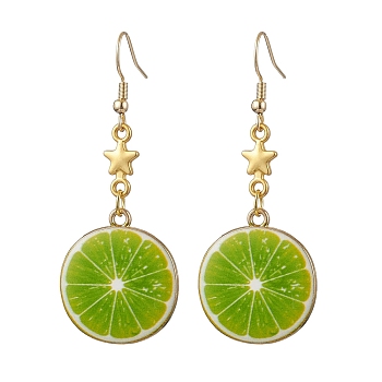 Alloy Enamel Dangle Earrings, with 304 Stainless Steel Earring Findings, Lime Slice, Golden, Yellow Green, 60x23mm