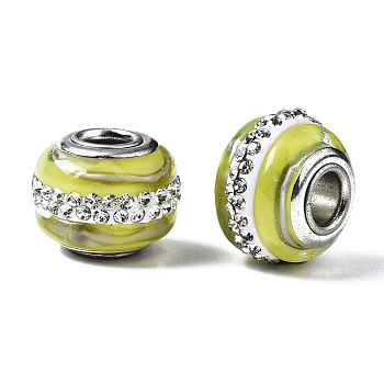 Handmade Lampwork European Beads, with Polymer Clay Rhinestone, Large Hole Rondelle Beads, with Platinum Tone Brass Double Cores, Rondelle, Yellow, 14x11mm, Hole: 4.5mm