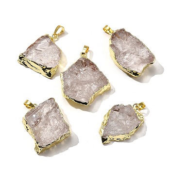 Raw Rough Natural Dyed Quartz Crystal Pendants, Nuggets Charms, with Brass Findings, Light Gold, White, 21~45x18~39x8~19mm, Hole: 7x4.5mm