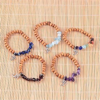 Natural Chip Gemstone Beaded Charm Bracelets, with Round Wood Beads and Tibetan Style Alloy Om Symbol Pendants, 45mm
