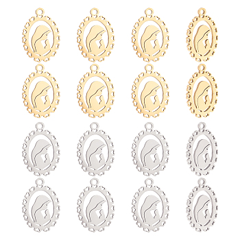 16Pcs 2 Colors Titanium Steel Pendants, Oval with Virgin Mary, Golden & Stainless Steel Color, 17.5x13.5x0.8mm, Hole: 1.5mm, 8pcs/color