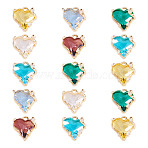 15Pcs Brass Micro Pave Cubic Zirconia with Glass Charms, Heart, Light Gold, Mixed Color, 11x10x6.5mm, Hole: 1.2mm, 15pcs/set(KK-TA0001-81)