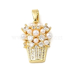 Brass Micro Pave Clear Cubic Zirconia Pendants, with Plastic Pearl, Flower Basket Charms, Golden, 17.5x12.5x2mm, Hole: 4x2.5mm(KK-E804-10G)