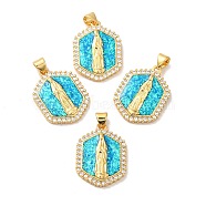 Rack Plating Brass Micro Pave Cubic Zirconia Pendants, with Synthetic Opal, with Jump Ring, Lead Free & Cadmium Free, Long-Lasting Plated, Hexagon with Saint, Real 18K Gold Plated, 23.5x17.5x3.6mm, Hole: 5x3.6mm(KK-D088-04G)