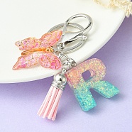 Resin & Acrylic Keychains, with Alloy Split Key Rings and Faux Suede Tassel Pendants, Letter & Butterfly, Letter R, 8.6cm(KEYC-YW00002-18)