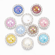 Brass Rhinestone Cabochons, with ABS Plastic Imitation Pearl, Flat Round, Silver Color Plated, Mixed Color, 18x6mm(RB-T008-11S)