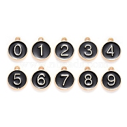 Light Gold Plated Alloy Enamel Charms, Enamelled Sequins, Flat Round with Number, Number 0~9, Black, 14.5x12x2.5mm, Hole: 1.4mm, 10pcs/set(ENAM-T010-02G)
