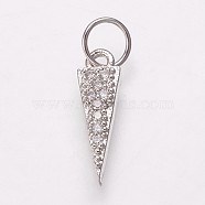 Brass Micro Pave Cubic Zirconia Charms, Triangle, Clear, Platinum, 13.5x4x2mm, Hole: 3.5mm(KK-P134-16P)