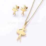 304 Stainless Steel Jewelry Sets, Stud Earrings and Pendant Necklaces, Dancer, Golden, Necklace: 17.7 inch(45cm), Stud Earrings: 16x10x1.2mm, Pin: 0.8mm(SJEW-O090-18G)