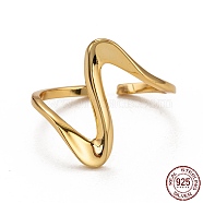 925 Sterling Silver Cuff Rings, Open Rings, Wave, Golden, Inner Diameter: 17mm(RJEW-H132-02G)