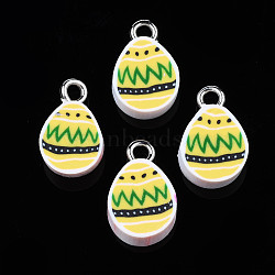 Handmade Polymer Clay Charms, with Platinum Tone Iron Loop, Easter Egg, Gold, 13.5~14.5x8.5~9.5x4~5mm, Hole: 2mm(CLAY-S096-026)
