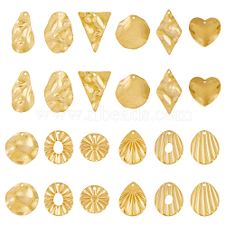 SUPERFINDINGS 24Pcs 12 Style Textured 201 Stainless Steel Pendants, Golden, Teardrop & Rhombus & Triangle & Egg & Oval, Mixed Shapes, 21.5~30x17~22x1~1.5mm, Hole: 1.2~1.8mm, 2pcs/style(STAS-FH0001-98)