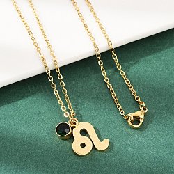 304 Stainless Steel Glass Drill Birth Stone Constellation Pendant Necklaces, Real 18K Gold Plated, Vacuum Plating, Leo, 17.72 inch(45cm), pendant: 17.5x12.5x1.5mm(STAS-D305-08G-E)