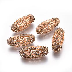 Hollow Brass Beads, with Polymer Clay Rhinestone, Oval, Lt.Col.Topaz, Light Gold, 34.5~35.5x14~15mm, Hole: 2mm(RB-L033-18)
