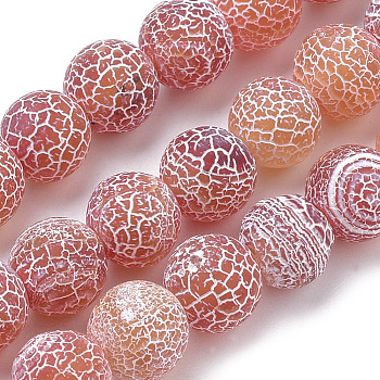 Natural Weathered Agate Beads Strands, Frosted, Dyed, Round, Light Coral, 6mm, Hole: 1mm, about 62pcs/strand, 15.7 inch