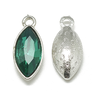 Alloy Glass Pendants, Faceted, Horse Eye, Platinum, Sea Green, 20x9x5mm, Hole: 1.5mm